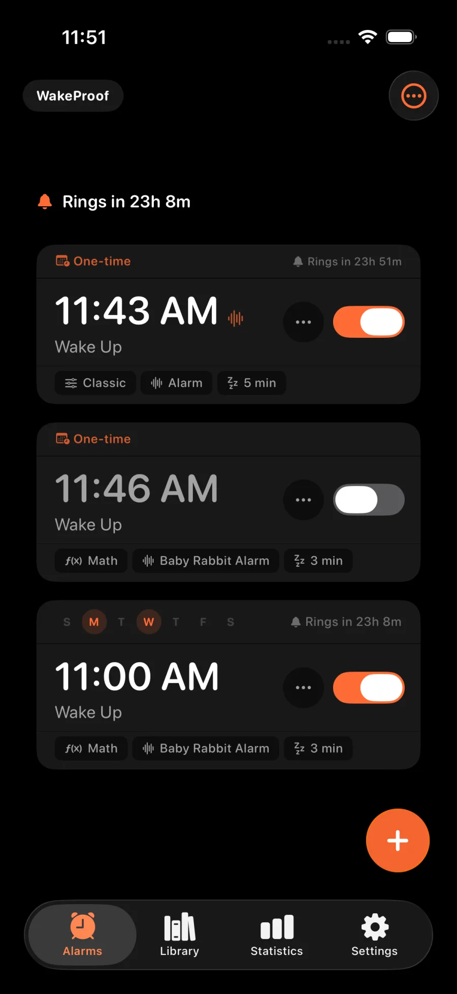 Wakeproof alarm screen with scheduled alarms and wake-up missions