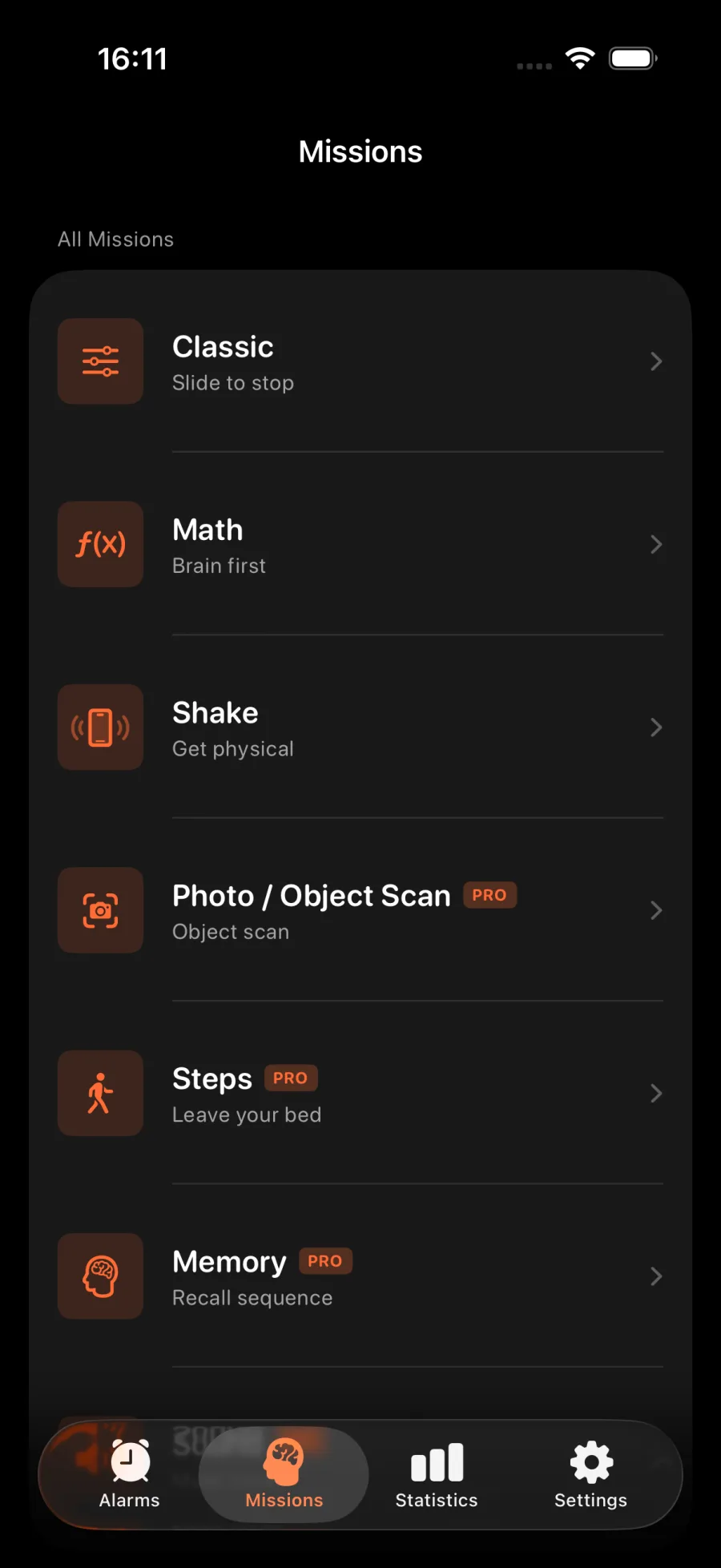 Wakeproof mission library with math, shake, object scan, steps, and memory missions