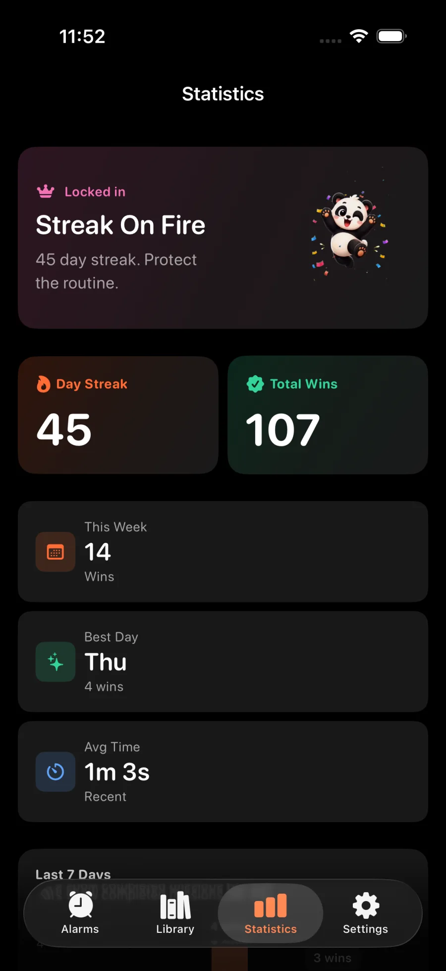 Wakeproof statistics screen showing streak and wake-up progress