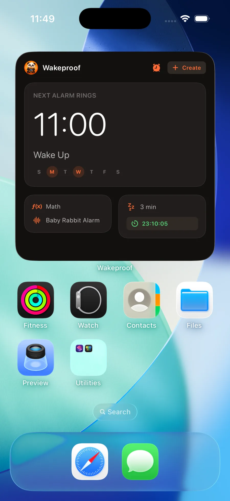 Wakeproof home screen widget showing the next alarm